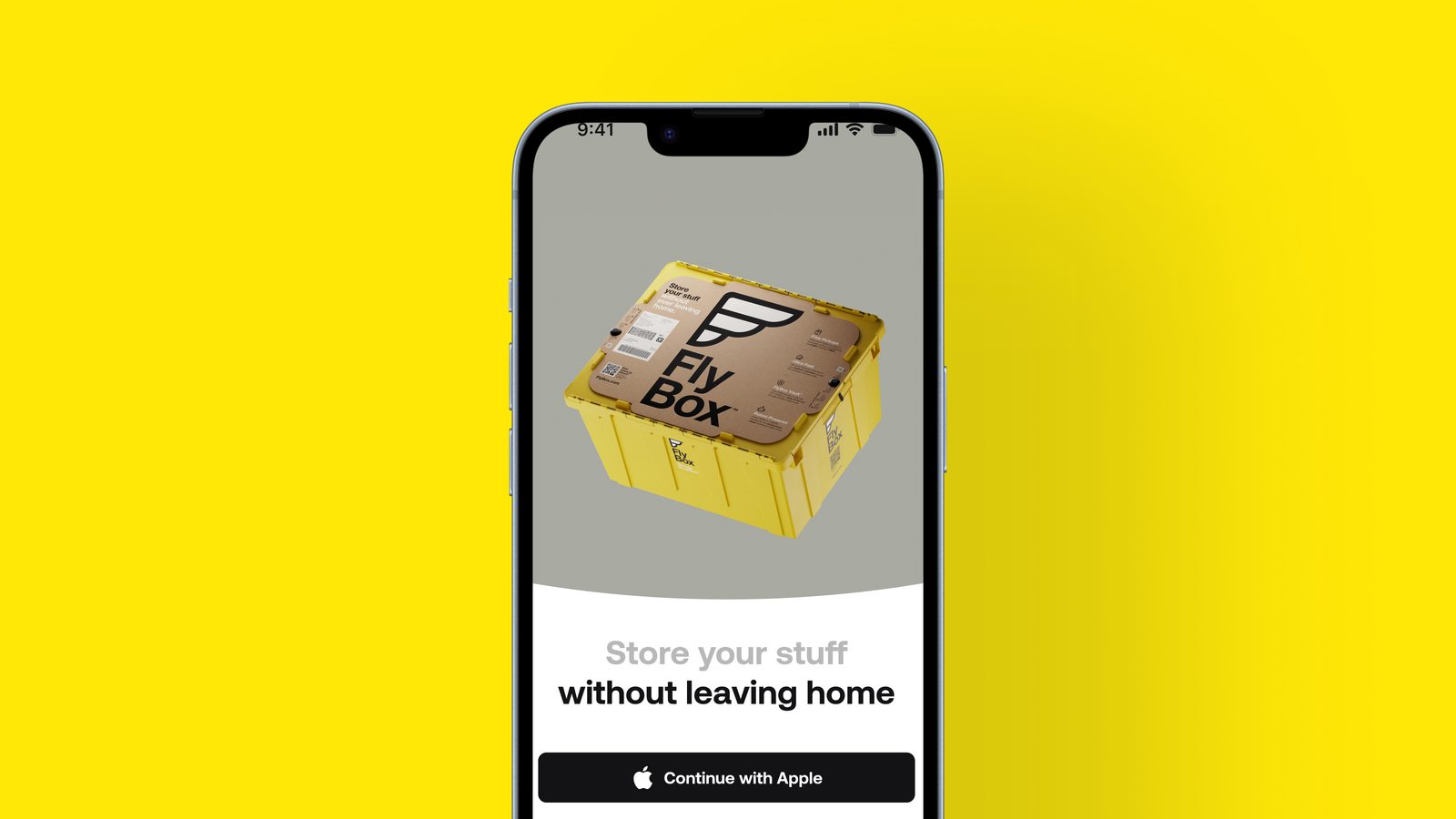 FlyBox app welcome screen: 'Store your stuff without leaving home'