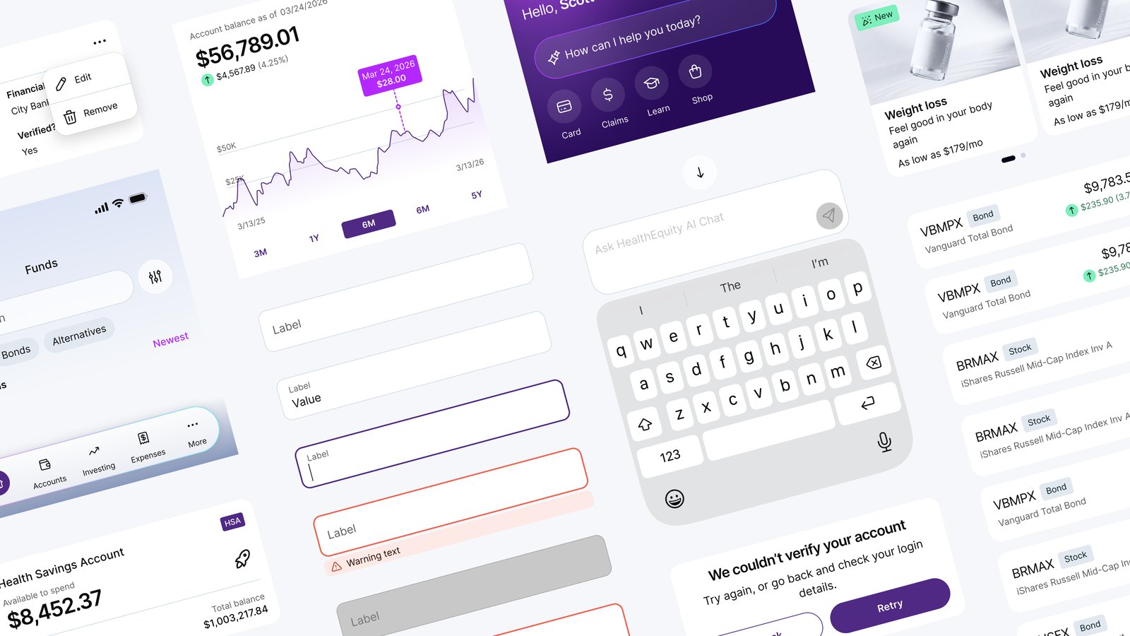 Collage of NGDS mobile components: cards, charts, AI chat, and form inputs