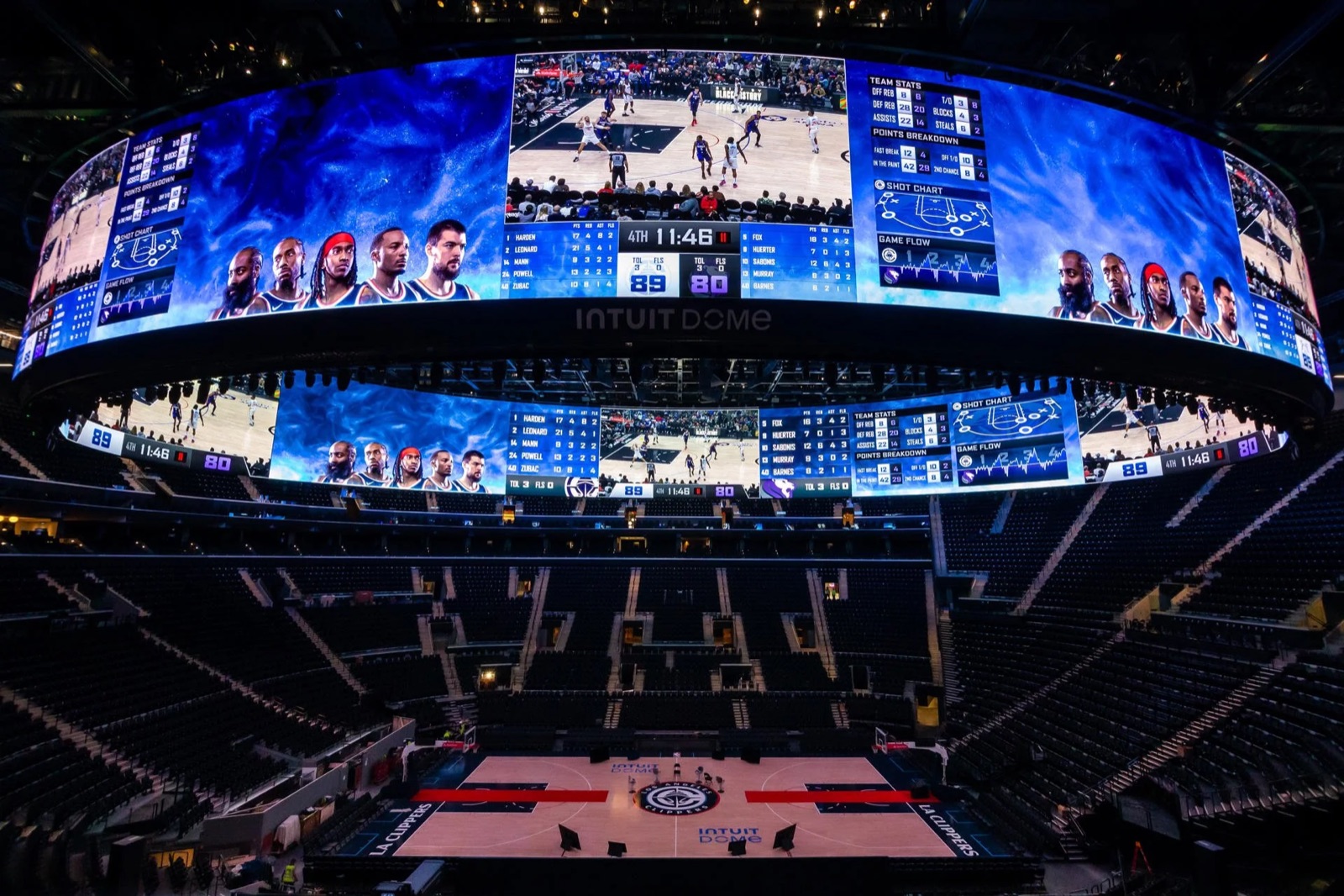 Interior of the Intuit Dome arena with its center-hung scoreboard